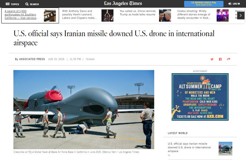 بازتاب سرنگونی پهپاد آمریکایی از سوی ایران در رسانه‌های جهان + تصاویر